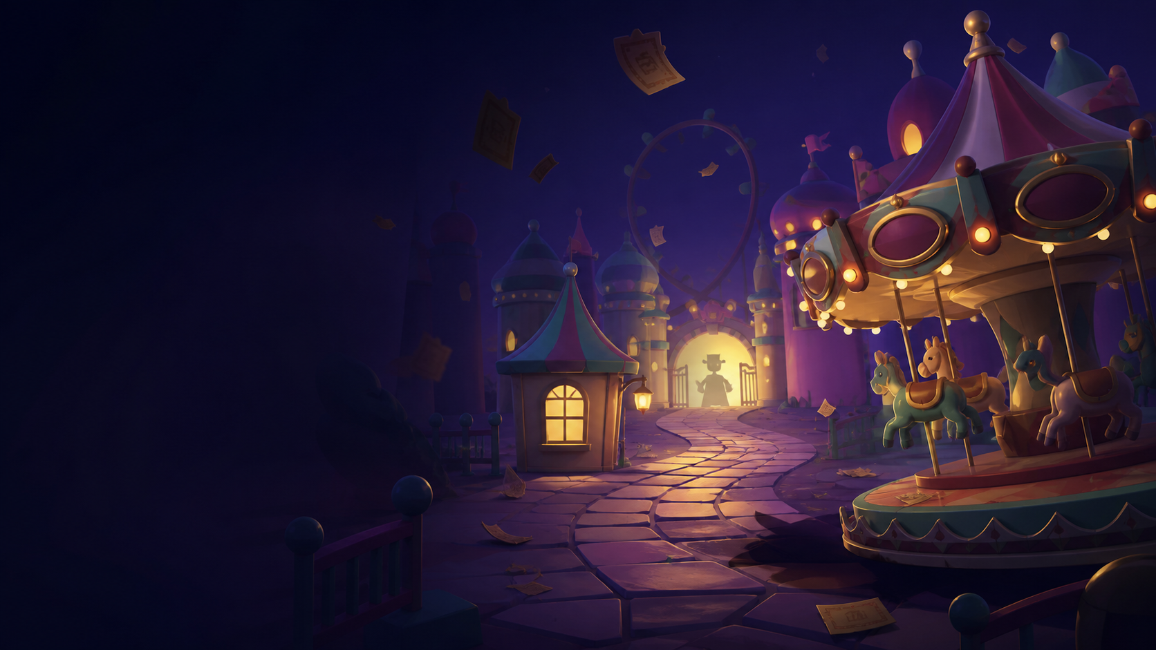 Original illustration of a mysterious theme park entrance at night